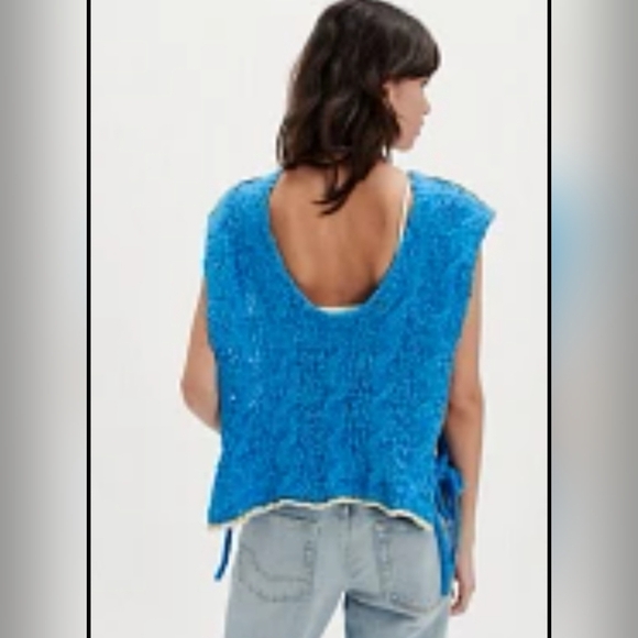 Free People Arlo Malibu Blue Sleeveless Open Sides W/ Ties & Cream Trim - Picture 4 of 13